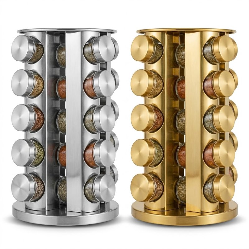 Gewürzkarussell Edelstahl-Optik – Drehbarer Gewürzständer inkl. 20 Gläsern – Silber od. Gold